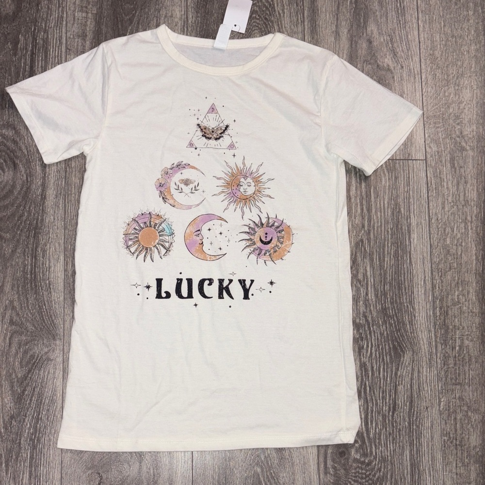 White Graphic Tee with Sun and Moon Design